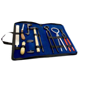 Farrier Tool Kit. 1-Pcs: Hoof Pick, 1-Pcs: Nail Clincher, 1-Pcs: Hoof knife Right, 1-Pcs: Hammer, 1-Pcs: Hoof Tester, 1-Pcs: Farrier Nipper 15", 1-Pcs: Hoof Rasp, 1-Pcs: Farrier Buffer
