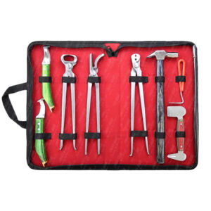 Farrier Tool Kit. 1-Pcs: Hoof Pick, 1-Pcs: Nail Clincher, 1-Pcs: Hoof knife RH, 1-Pcs: Driving Hammer, 1-Pcs: Loop Knife, 1-Pcs: Hoof Nipper, 1-Pcs: Nail Puller, 1-Pcs: Clinch Cutter