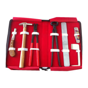 Farrier Tool Kit. 1-Pcs: Farrier Buffer, 1-Pcs: Nail Clincher, 1-Pcs: Hoof knife Right, 1-Pcs: Farrier Hammer, 1-Pcs: Folding Knife, 1-Pcs: Hoof Nipper, 1-Pcs: Hoof Rasp