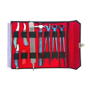 Farrier Tool Kit. 1-Pcs: Hoof Knife RH, 1-Pcs: Loop Knife, 1-Pcs: Loop Knife W/Hoe, 1-Pcs: Farrier Nipper 15", 1-Pcs: Farrier Nipper 12", 1-Pcs: Nail Clincher, 1-Pcs: Hammer, 1-Pcs: Hoof Rasp