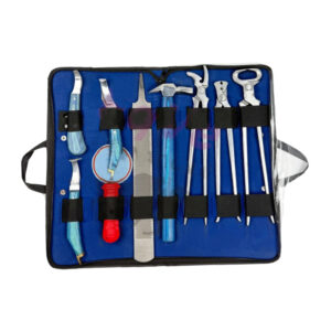 Farrier Tool Kit. 1-Pcs: Hoof Knife RH, 1-Pcs: Loop Knife, 1-Pcs: Hoof Knife W/Hoe, 1-Pcs: Farrier Nipper 15", 1-Pcs: Nail Puller 13", 1-Pcs: Nail Clincher, 1-Pcs: Hammer, 1-Pcs: Hoof Rasp