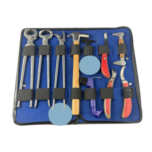 Farrier Tool Kit. 1-Pcs: Hoof Knife RH, 1-Pcs: Loop Knife, 1-Pcs: Hoof Knife LH, 1-Pcs: Farrier Nipper 14", 1-Pcs: Pull-off 14", 1-Pcs: Nail Clincher, 1-Pcs: Hammer, 1-Pcs: Hoof Pick, 1-Pcs: Hoof Gouge, 1-Pcs: Nail Clincher